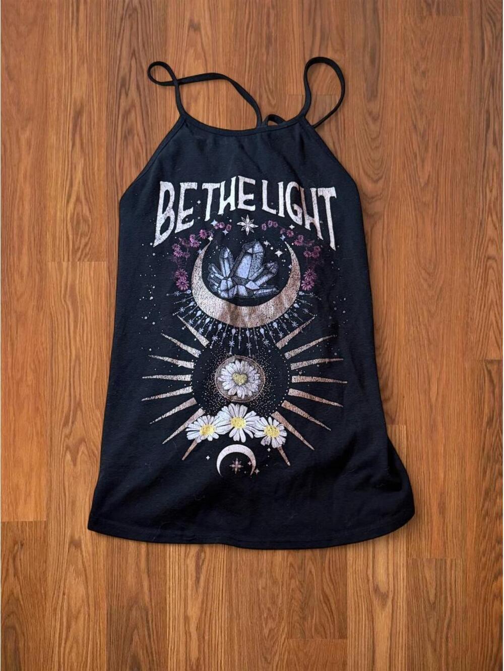 Be The Light Black Halter Crop Top Womens Size XS Festival Boho Graphic Tee